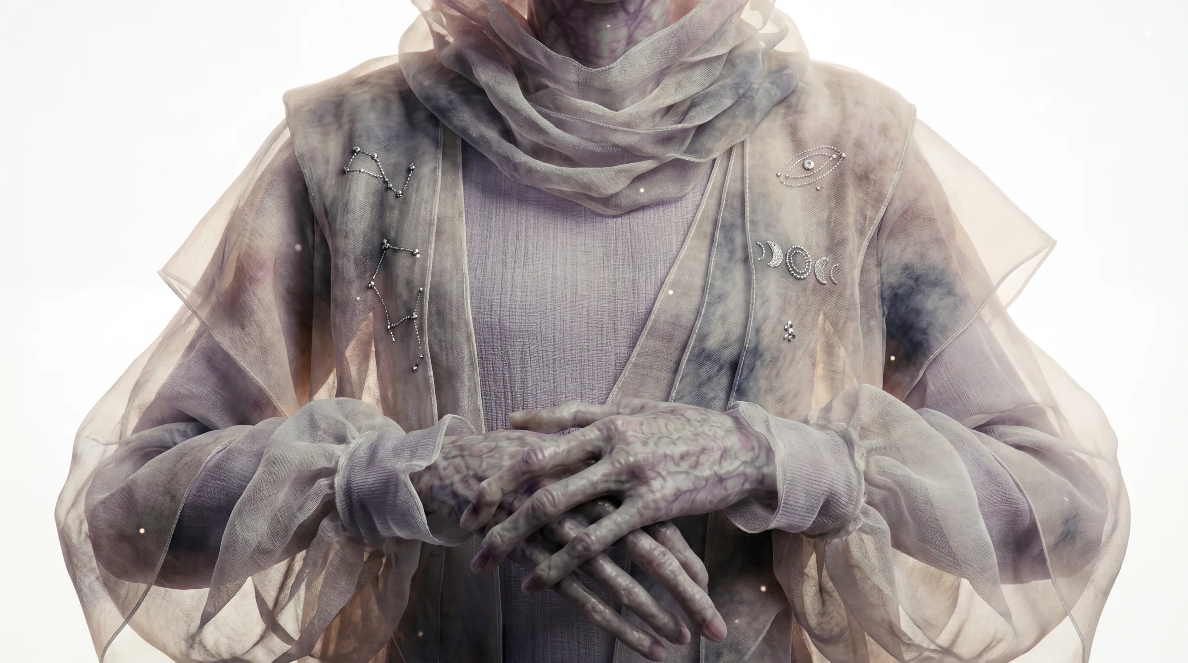 Zephyrian ceremonial garment ·translucent crystalline filaments with active bio-signal encoding
