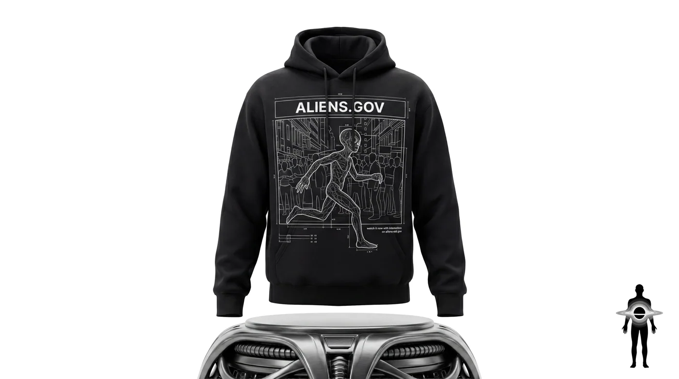 aliens not gov black hoodie, alien running in crowd blueprint print